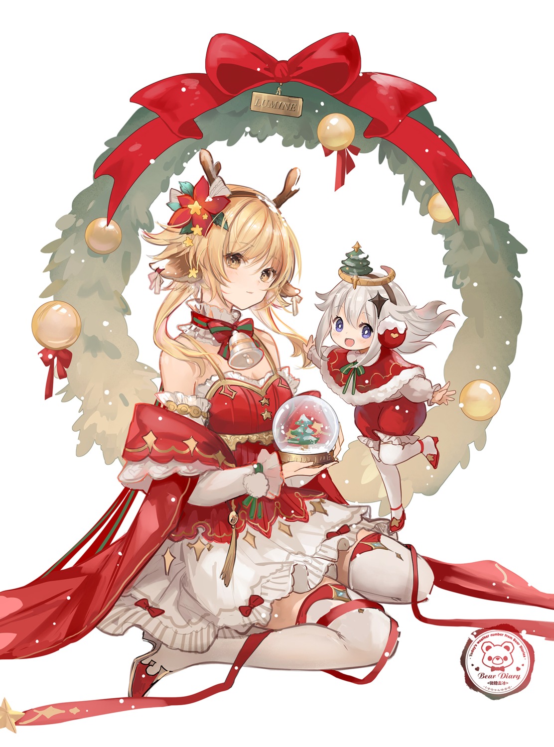 animal_ears christmas genshin_impact heels horns lumine paimon thighhighs