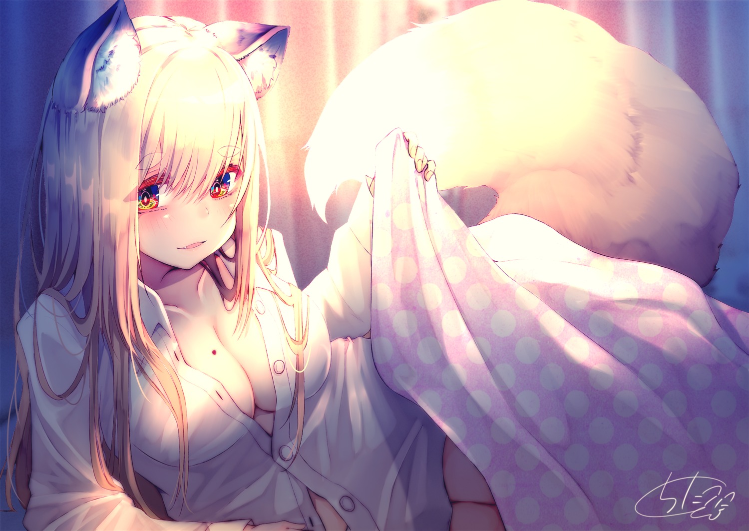 animal_ears chita_(ketchup) cleavage no_bra open_shirt pajama sheets tail