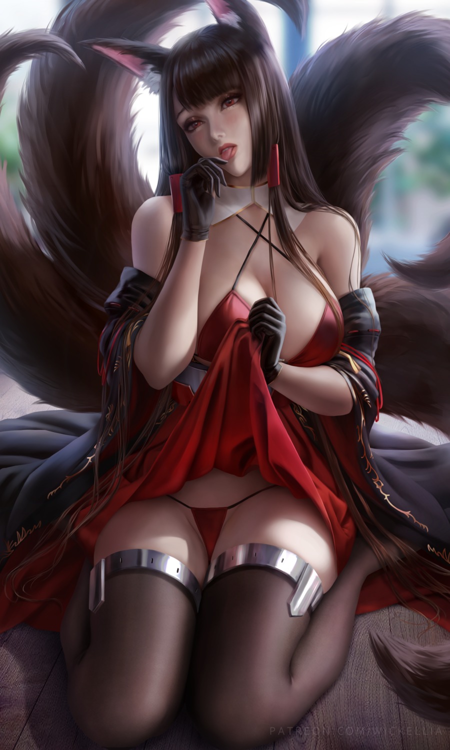 akagi_(azur_lane) animal_ears azur_lane cleavage garter japanese_clothes kitsune no_bra pantsu skirt_lift tail thighhighs thong wickellia