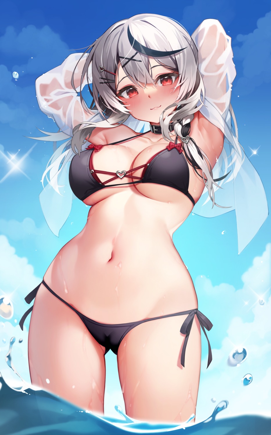 bikini cameltoe hololive open_shirt pinki_o64 sakamata_chloe see_through swimsuits wet wet_clothes