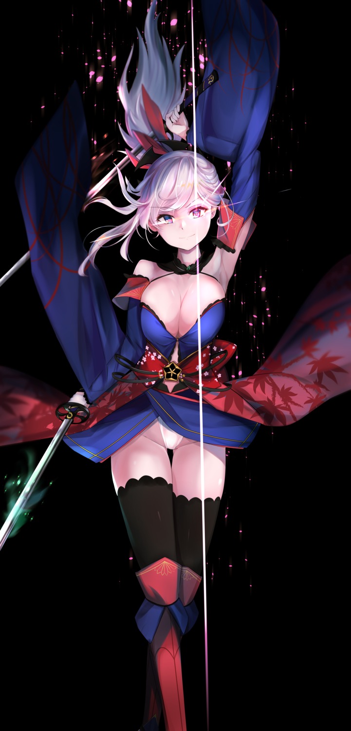 aritsuno cleavage fate/grand_order japanese_clothes miyamoto_musashi_(fate) no_bra pantsu sword thighhighs