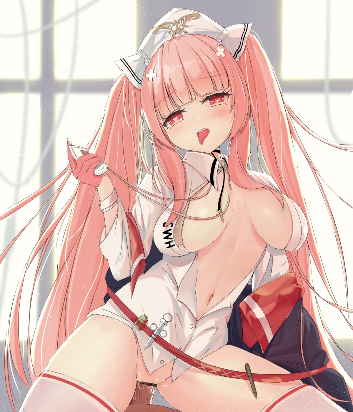 azur_lane bottomless censored no_bra nurse open_shirt penis perseus_(azur_lane) pussy pussy_juice semisweet sex thighhighs