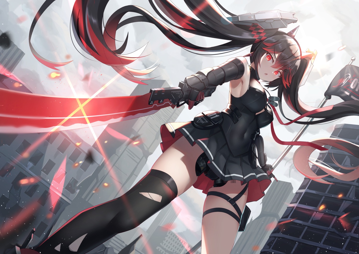 garter lucia_(punishing:_gray_raven) mecha_musume mirufuaa punishing:_gray_raven sword thighhighs torn_clothes