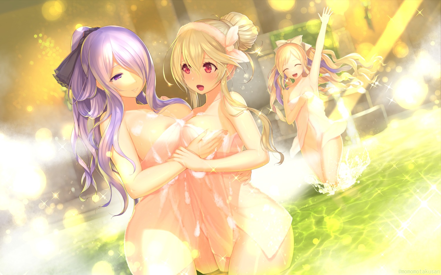 areola breast_grab camilla corrin_(fire_emblem)_(female) elise_(fire_emblem) fire_emblem fire_emblem_if kamui_(fire_emblem) kashiwamochi_yomogi naked towel yuri