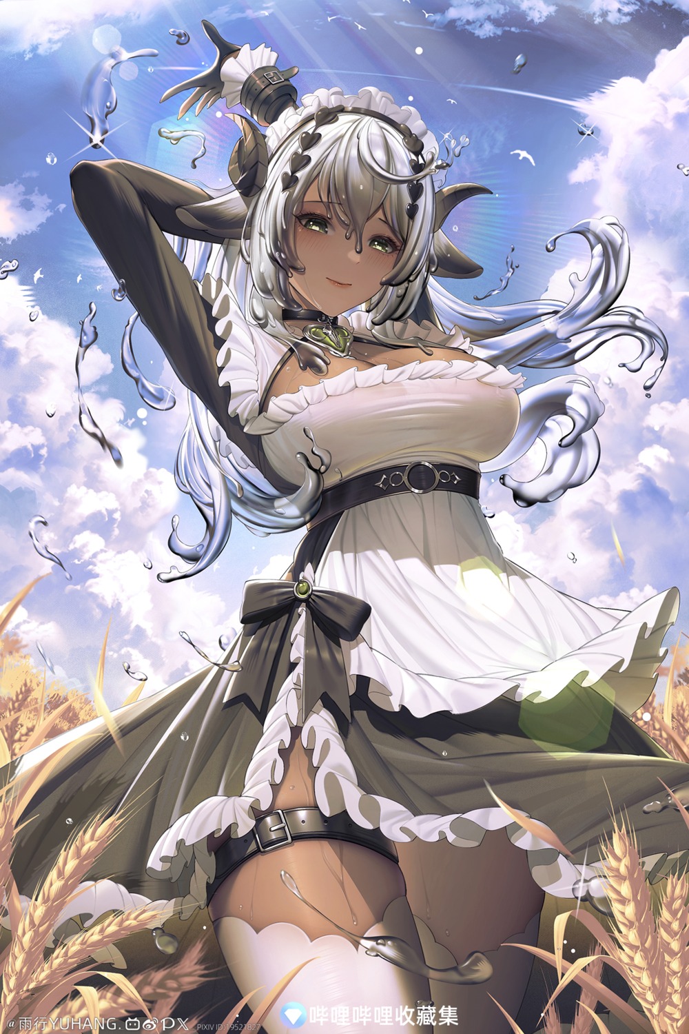 animal_ears garter horns maid thighhighs wet yuxing_yuhang