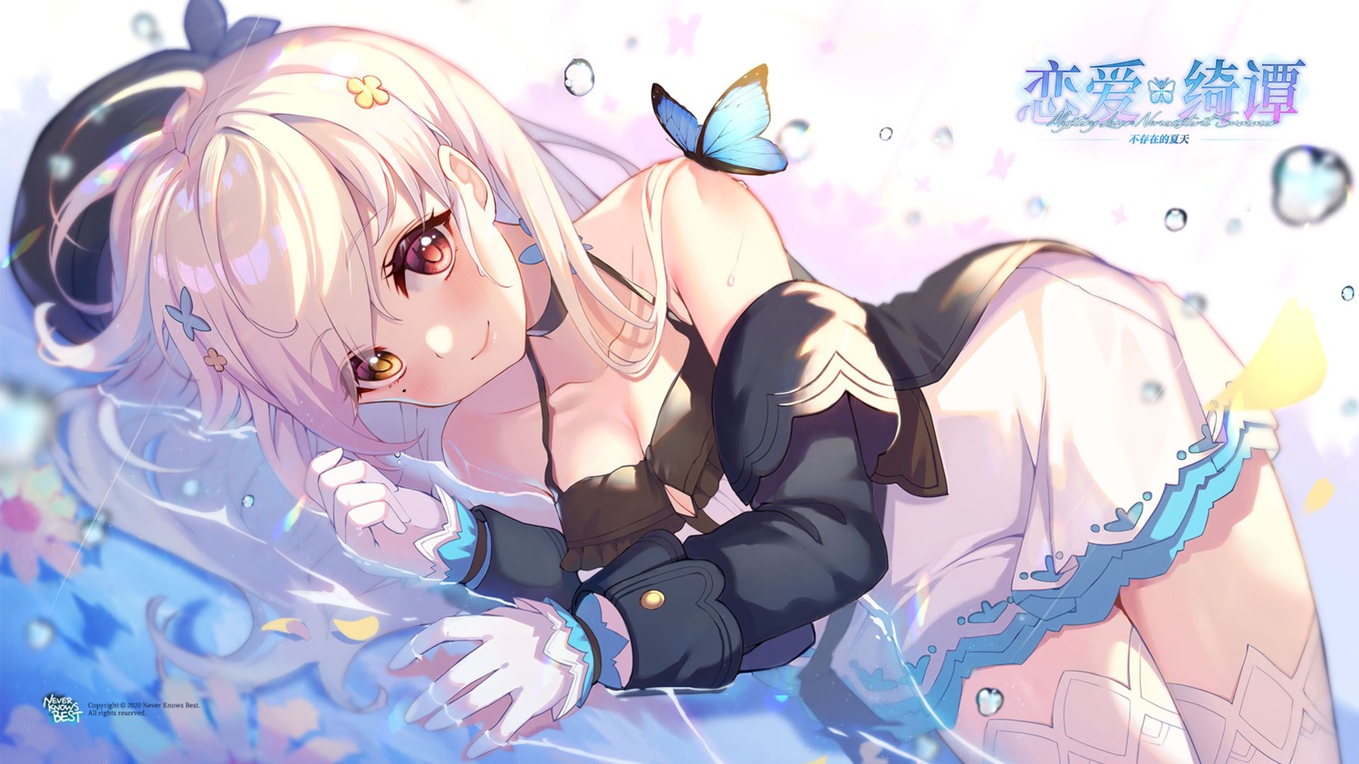 cleavage dress hasu_(velicia) mystery_lover_nonexistent_summer no_bra thighhighs wallpaper wet