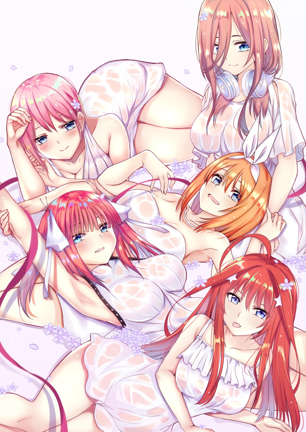 5-toubun_no_hanayome cleavage dress headphones lydia601304 nakano_ichika nakano_itsuki nakano_miku nakano_nino nakano_yotsuba see_through skirt_lift summer_dress wet wet_clothes