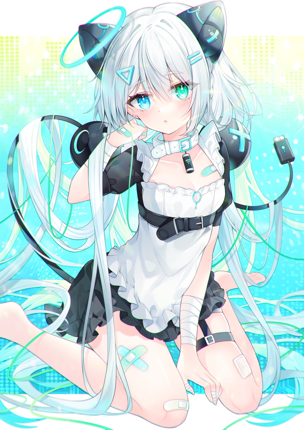 angel animal_ears bandages bandaid garter heterochromia ice_(ice) maid nekomimi tail