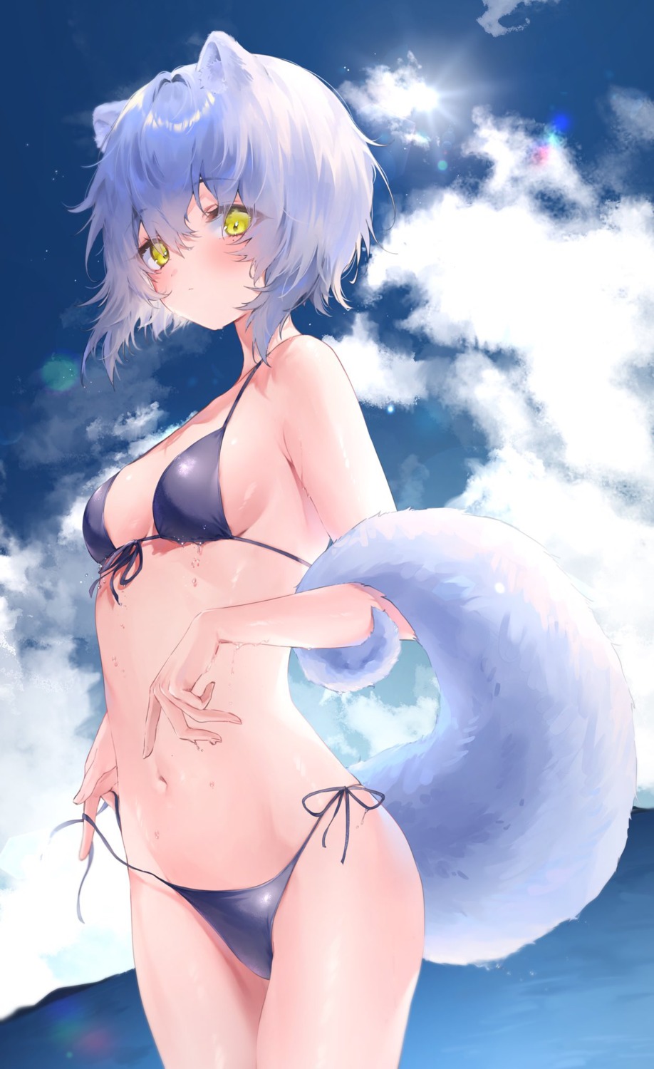 animal_ears bikini harui_(hr_x9_) panty_pull swimsuits tail undressing wet