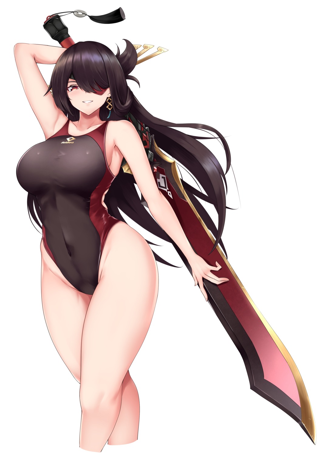 beidou eyepatch genshin_impact masaki_nanaya swimsuits sword