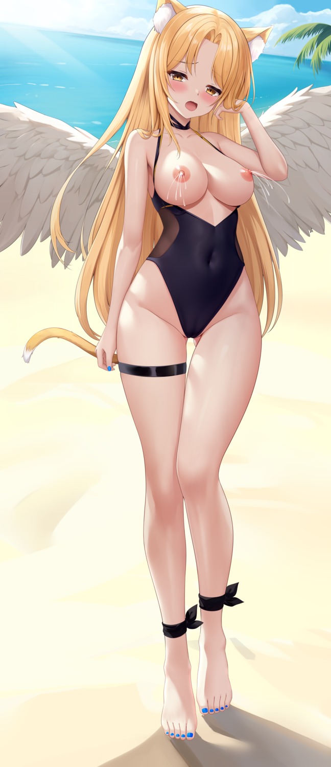 animal_ears breasts garter lactation nekomimi nipples shenqi_(toid310) swimsuits tail wings