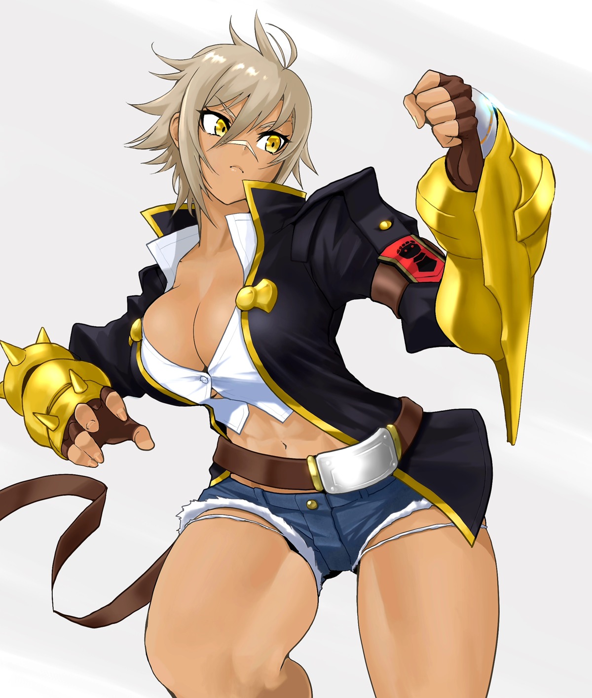 anagumasan armor blazblue bullet_(blazblue) dress_shirt no_bra open_shirt torn_clothes