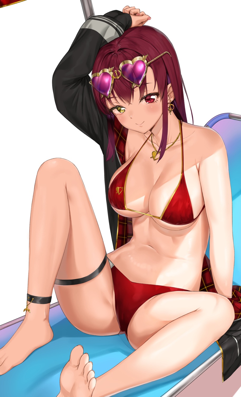 bikini garter heterochromia hololive houshou_marine megane open_shirt pixel_(yuxian) swimsuits