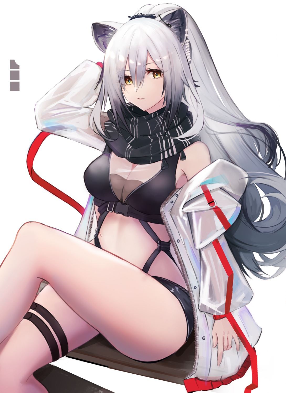 animal_ears arknights garter kuguiema open_shirt schwarz_(arknights) see_through