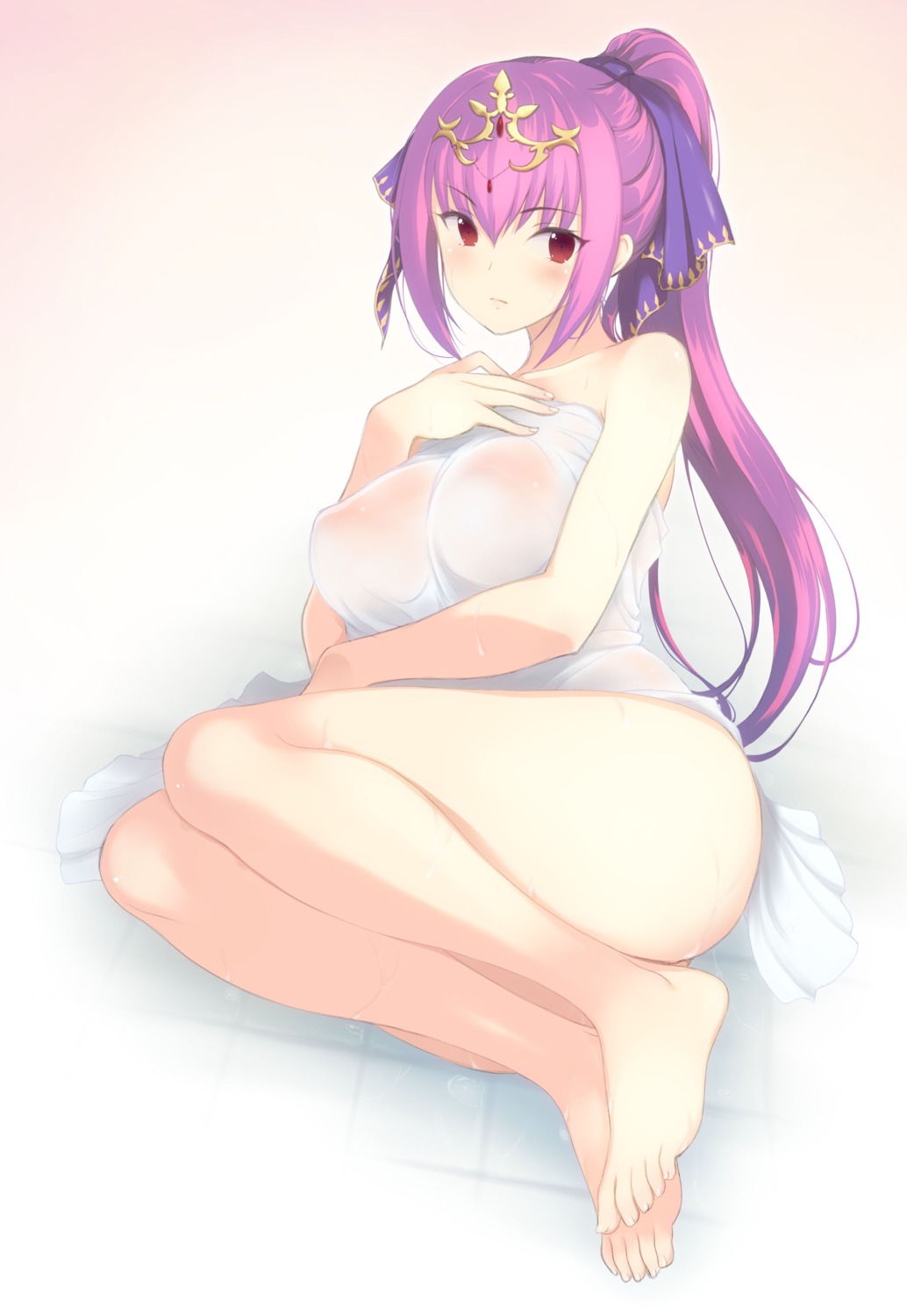 breast_hold erect_nipples fate/grand_order mishima_kosetsu no_bra nopan scathach_skadi see_through towel wet