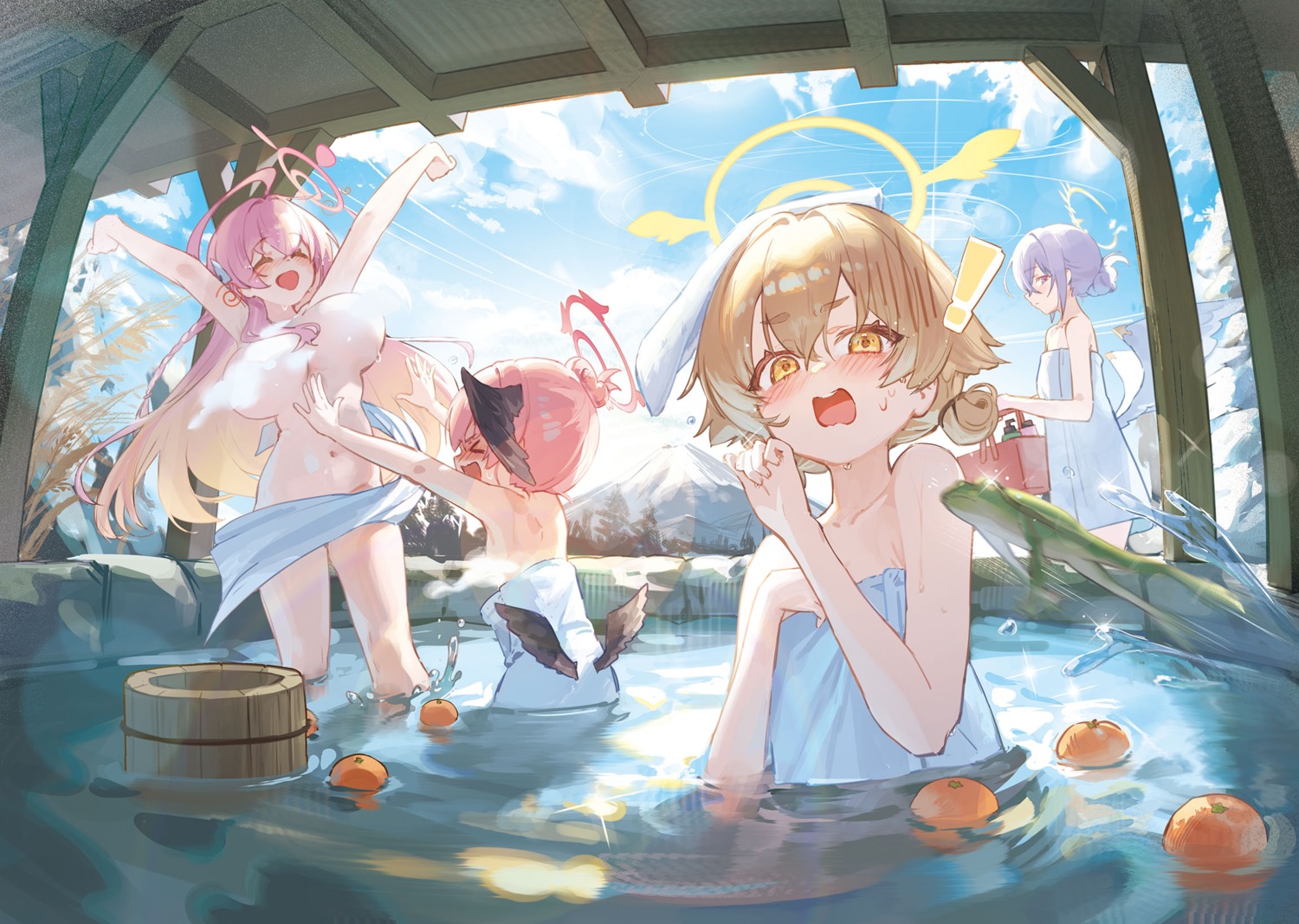 ajitani_hifumi angel bathing blue_archive censored halo kokko_(kokko3045) loli naked onsen shimoe_koharu shirasu_azusa towel urawa_hanako wardrobe_malfunction wet wings