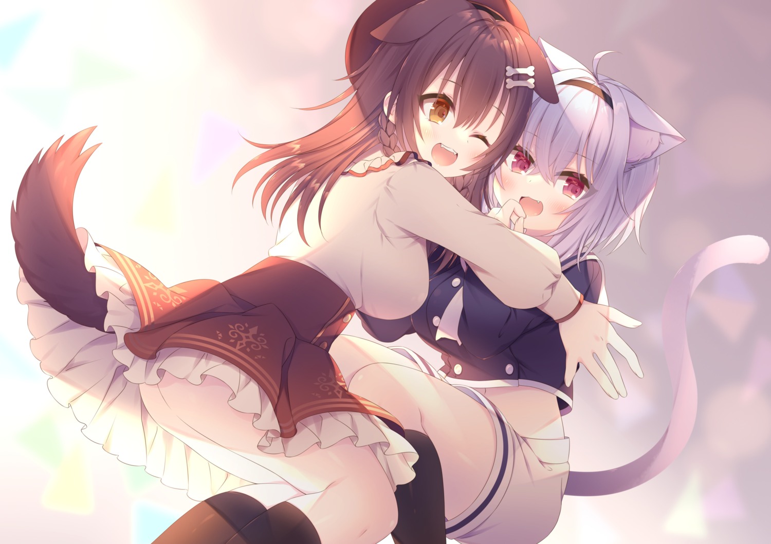 animal_ears anju ass hololive hololive_gamers inugami_korone inumimi nekomata_okayu nekomimi nopan seifuku skirt_lift tail