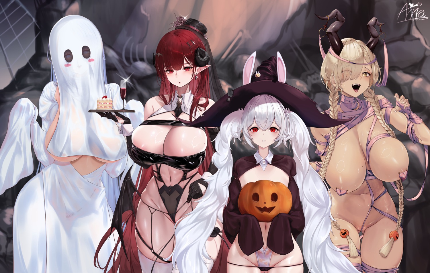 alsace_(azur_lane) animal_ears annasui_factory azur_lane bandages breasts bunny_ears cameltoe erect_nipples garter garter_belt halloween hindenburg_(azur_lane) horns laffey_(azur_lane) loli naked_ribbon no_bra nopan owari_(azur_lane) pantsu pasties pointy_ears see_through tail thighhighs thong waitress wings