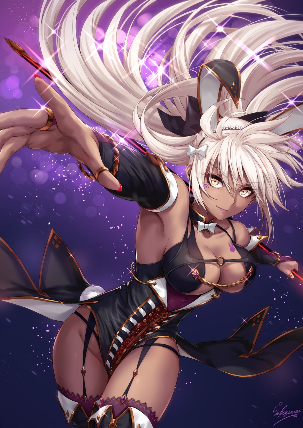 animal_ears bunny_ears bunny_girl cleavage fate/grand_order no_bra okita_souji_(alter)_(fate) sakiyamama stockings sword tail tattoo thighhighs