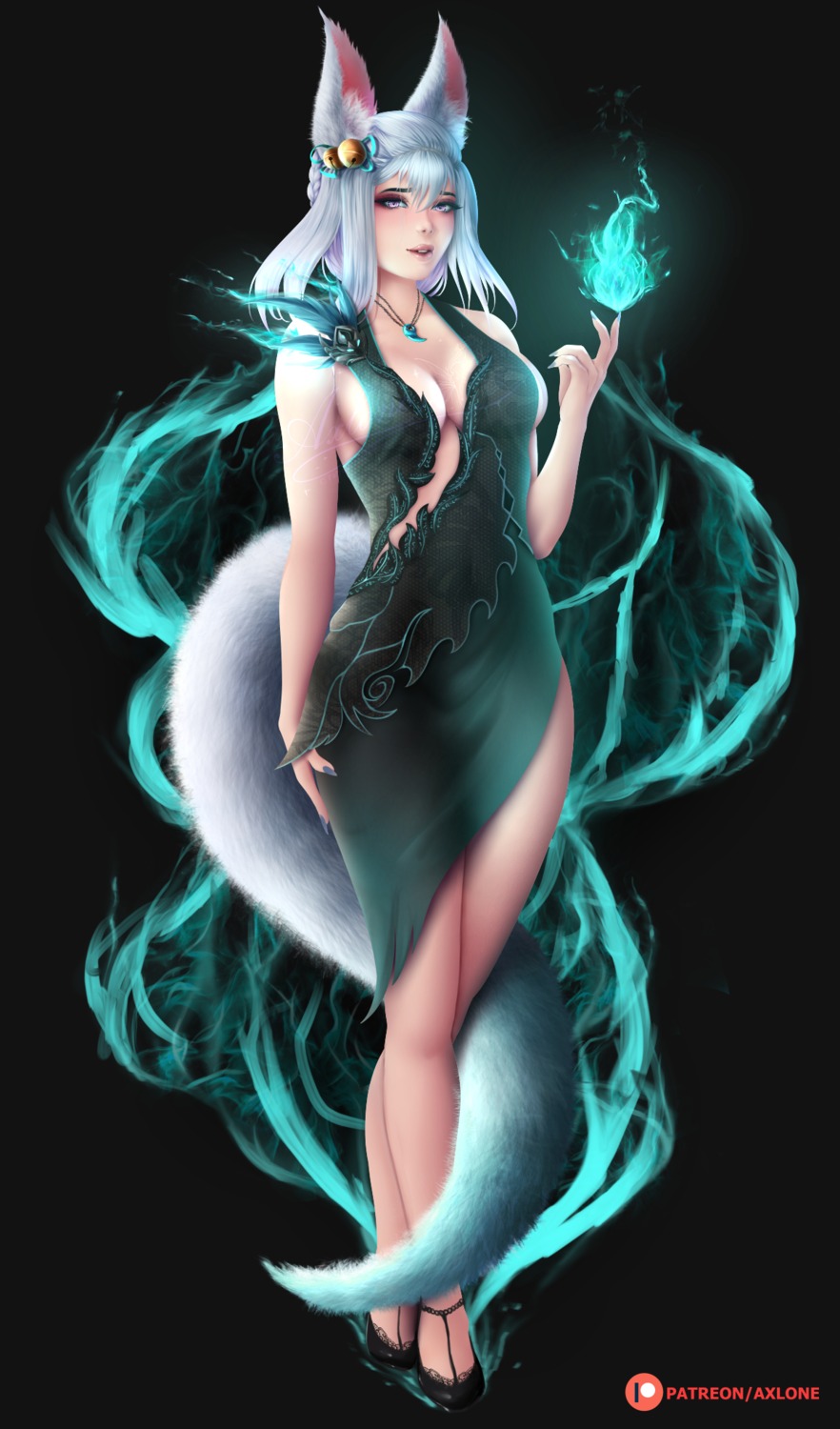 animal_ears axlone dress kitsune no_bra tail