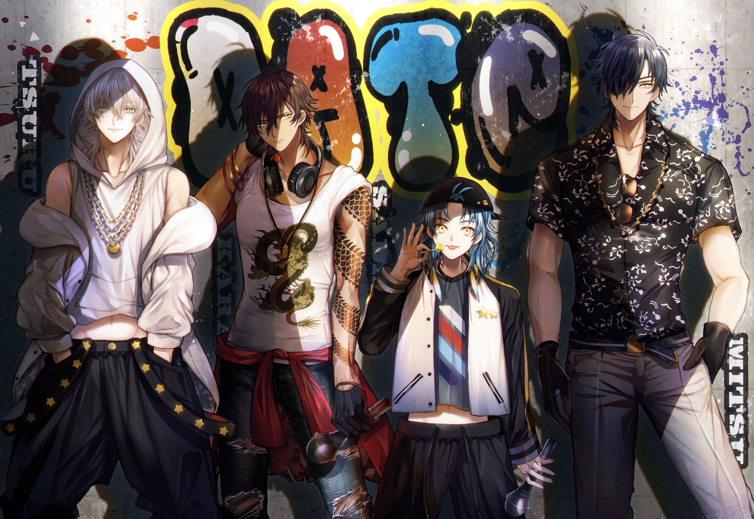 abandon_ranka eyepatch headphones male ookurikara_(tourabu) shokudaikiri_mitsutada taikogane_sadamune tattoo touken_ranbu tsurumaru_kuninaga