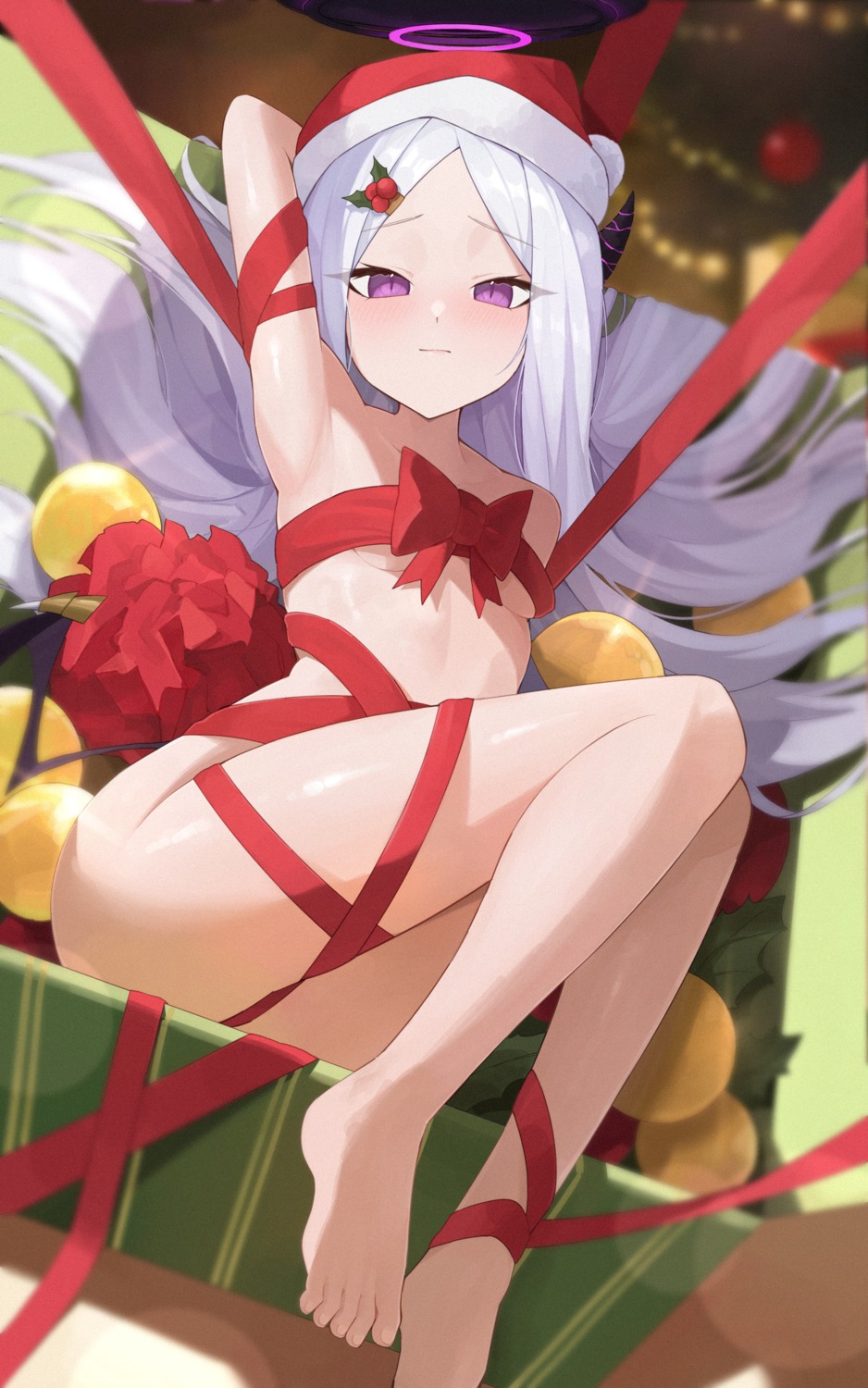 blue_archive christmas devil halo horns loli naked_ribbon sorasaki_hina weimiaw wings