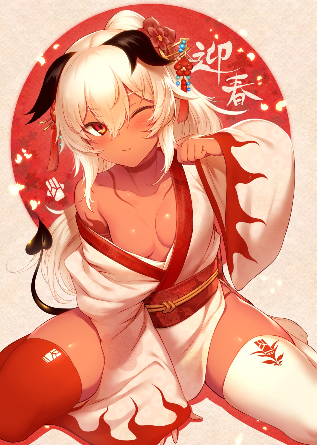 breasts kimono no_bra open_shirt rogia tail thighhighs