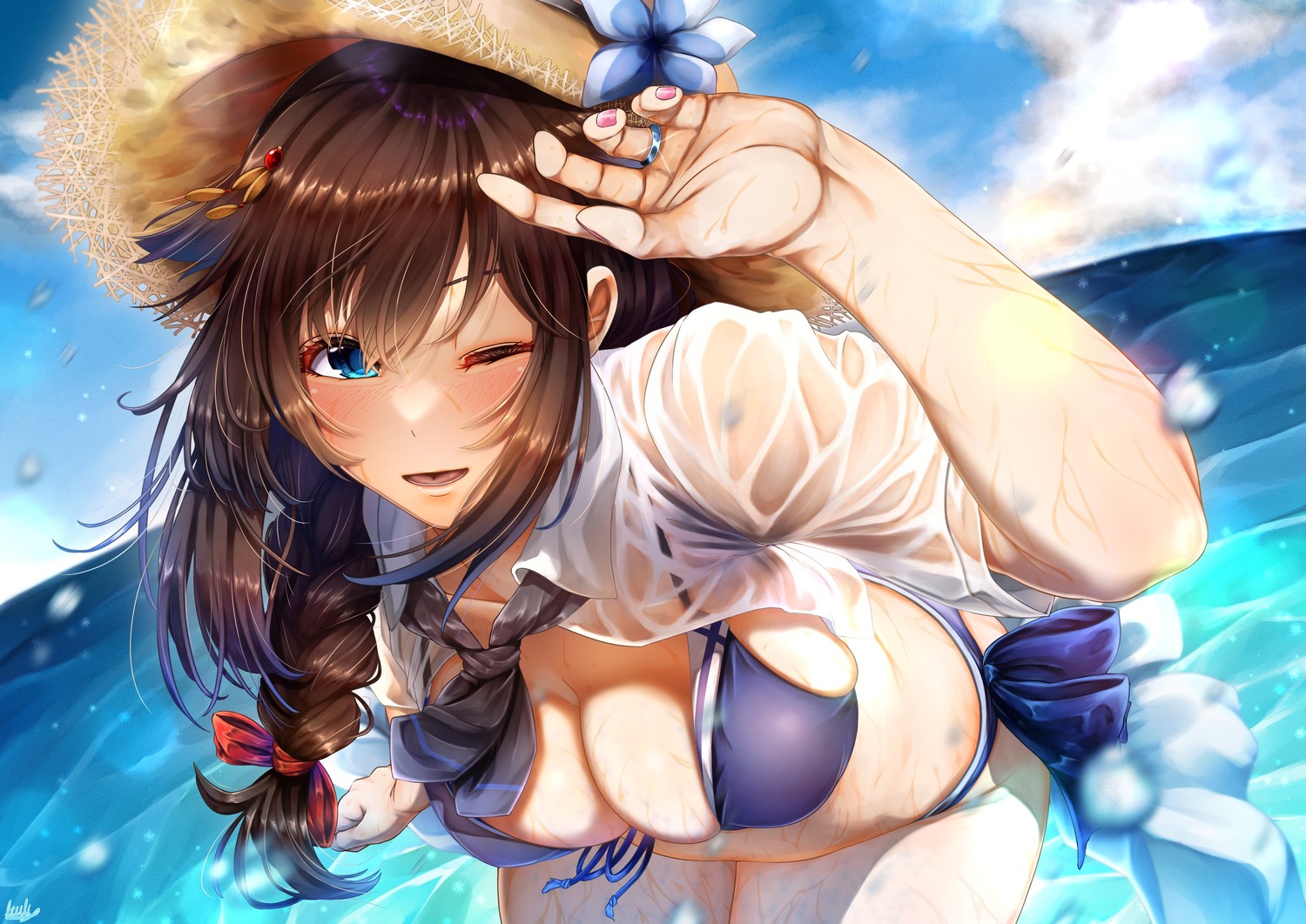 bikini kantai_collection open_shirt see_through shigure_(kancolle) swimsuits tsui_(kojiya) wet wet_clothes