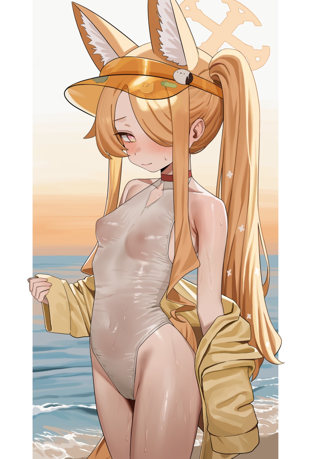 animal_ears areola blue_archive cameltoe halo kitsune loli memmemme see_through swimsuits tail wet wet_clothes yurizono_seia