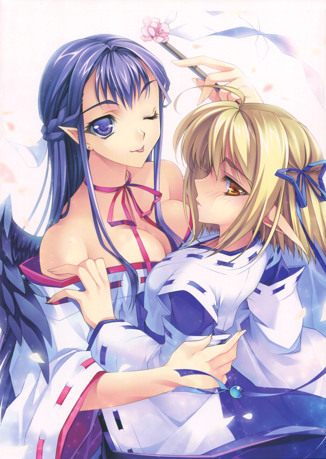 cleavage color_issue elf miko pointy_ears riv soloist symmetrical_docking wings