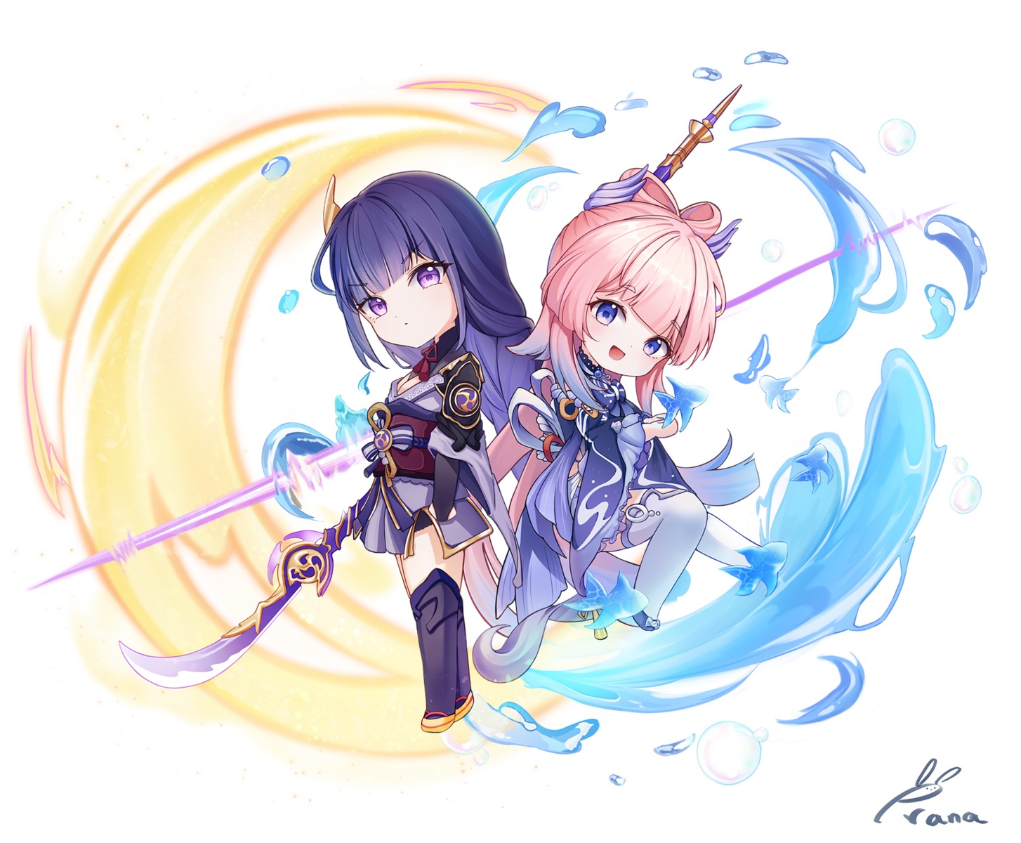 chibi genshin_impact prana_(prana12) raiden_shogun sangonomiya_kokomi