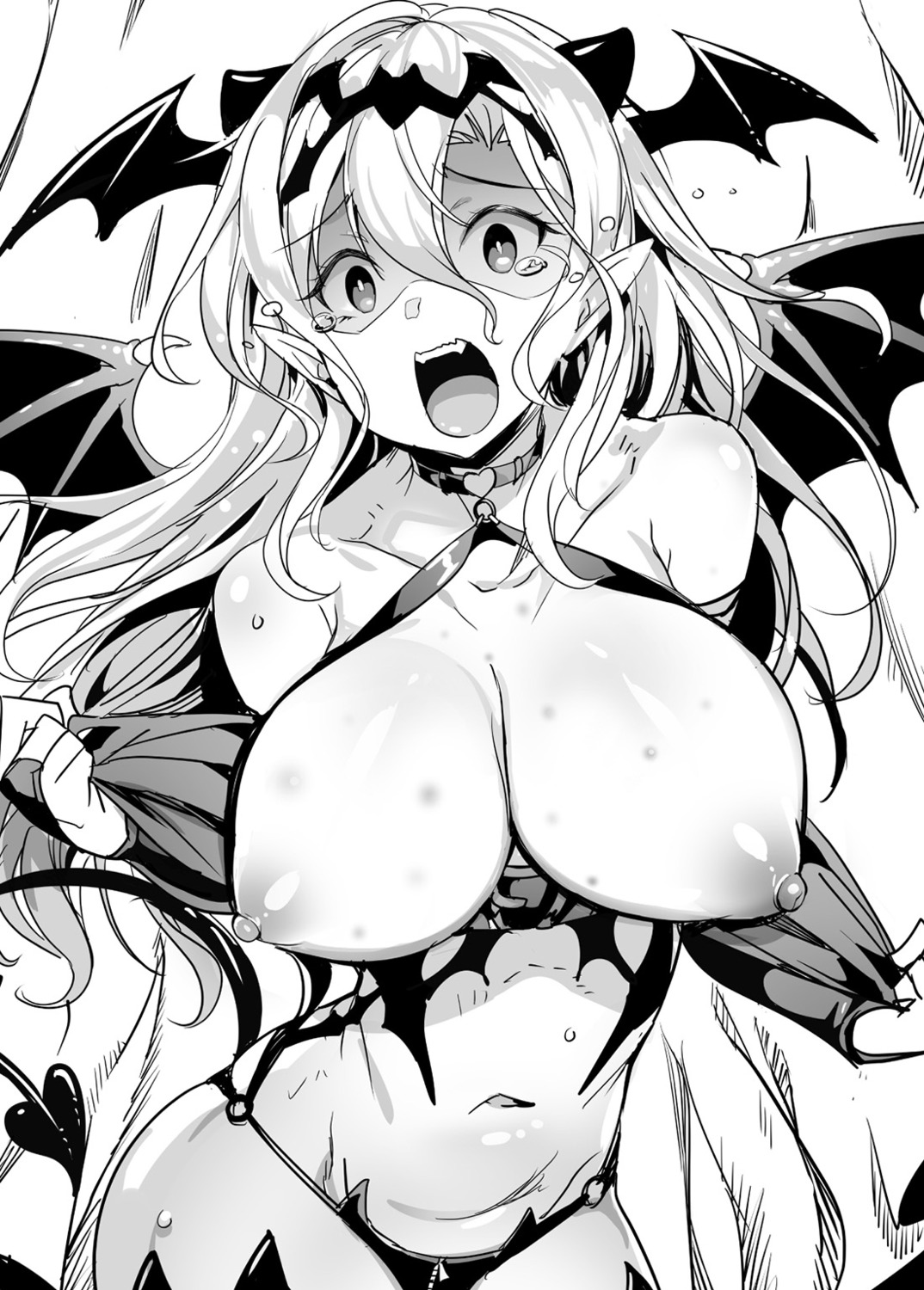 ajishio bikini_armor breasts horns monochrome nipples pointy_ears tail undressing wardrobe_malfunction wings