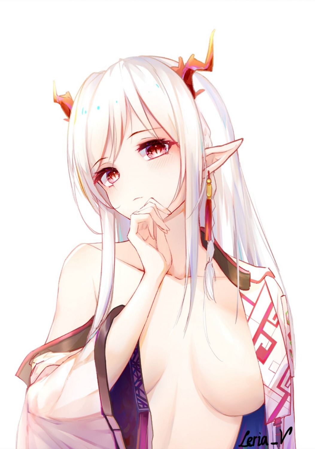 arknights horns japanese_clothes leria_v nian_(arknights) no_bra open_shirt pointy_ears