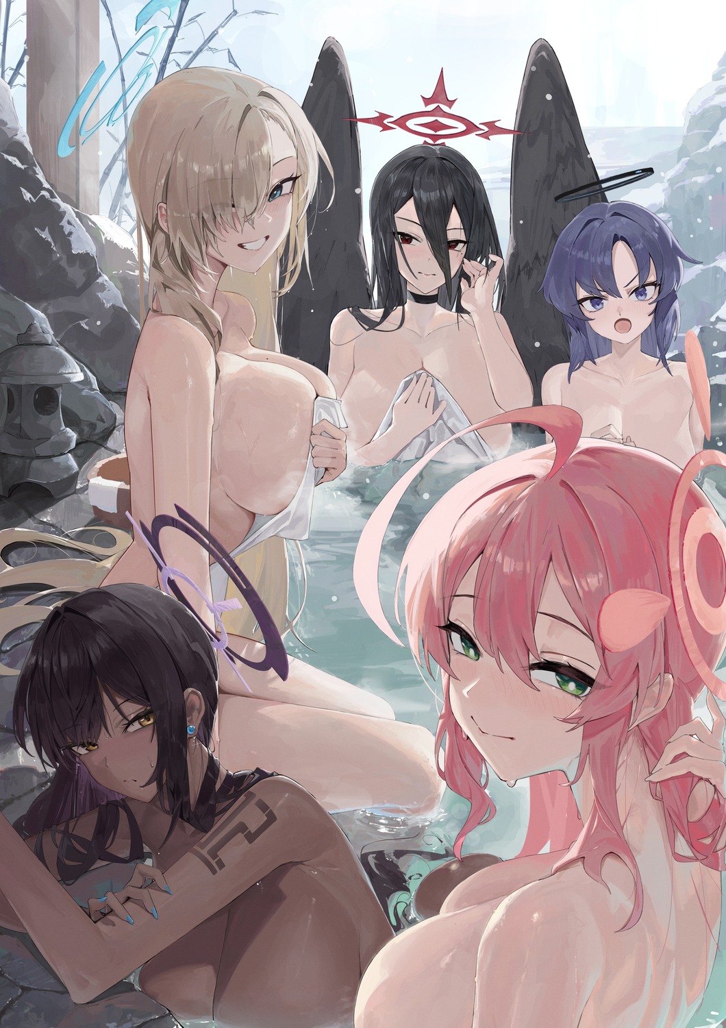 angel bathing blue_archive breast_hold hanekawa_hasumi hayase_yuuka ichinose_asuna kakudate_karin lemoneko naked onsen tattoo topless towel urawa_hanako wet wings