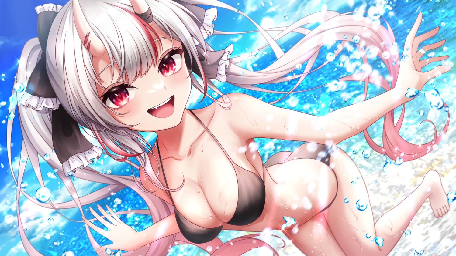 bikini hololive horns karashi_(asarikarasi) nakiri_ayame swimsuits wallpaper wet