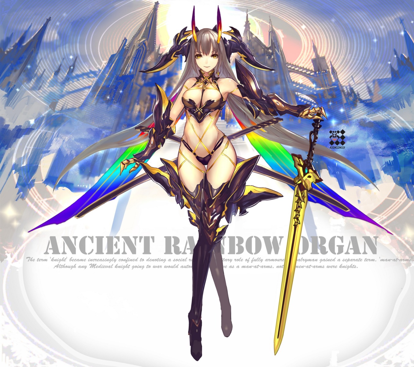 armor bikini_armor cleavage heels horns kiwamu sword thighhighs wings