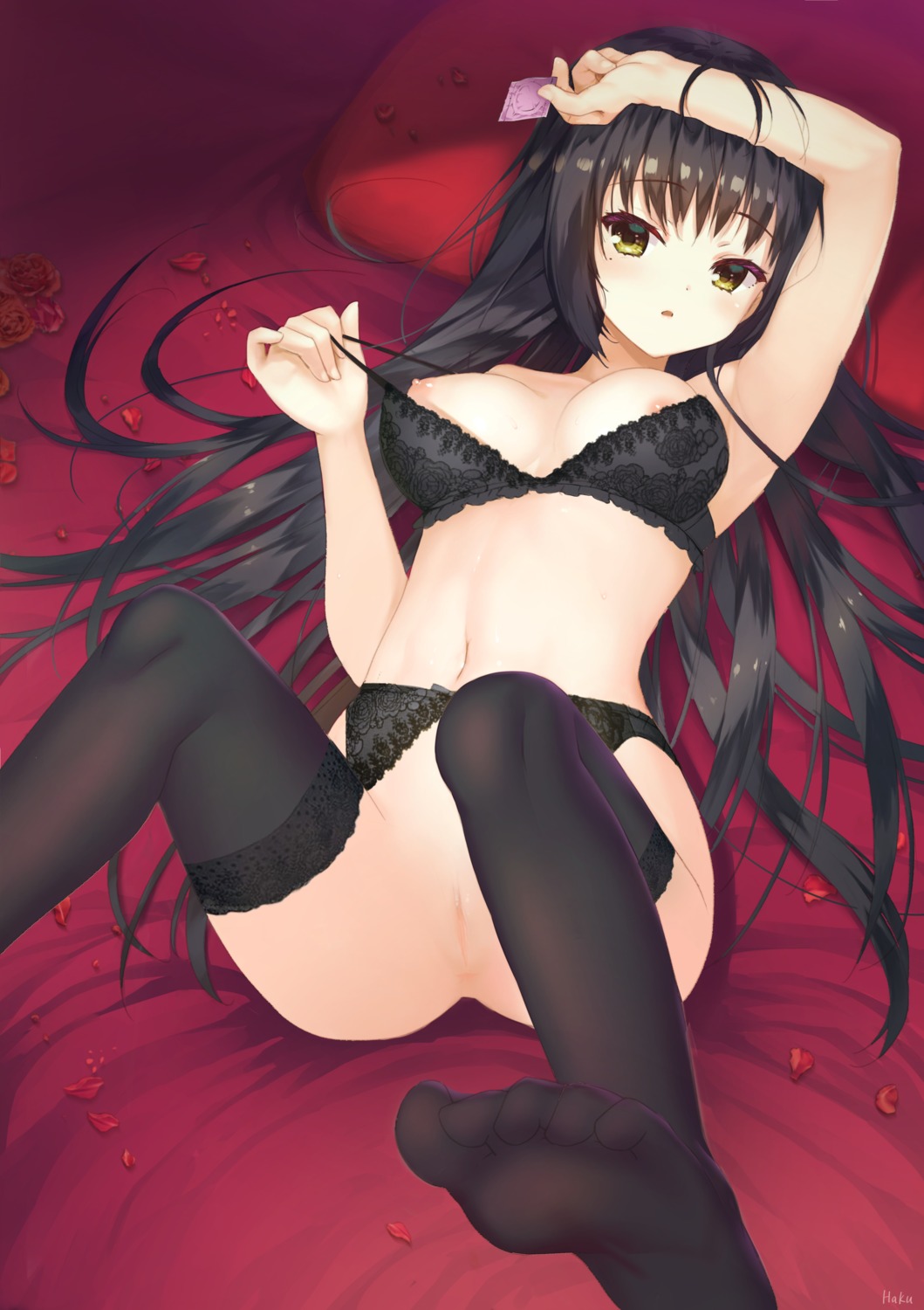 anus areola artist_revision bottomless bra cafe_stella_to_shinigami_no_chou feet garter_belt haku89 nipples pussy see_through shiki_natsume thighhighs uncensored undressing