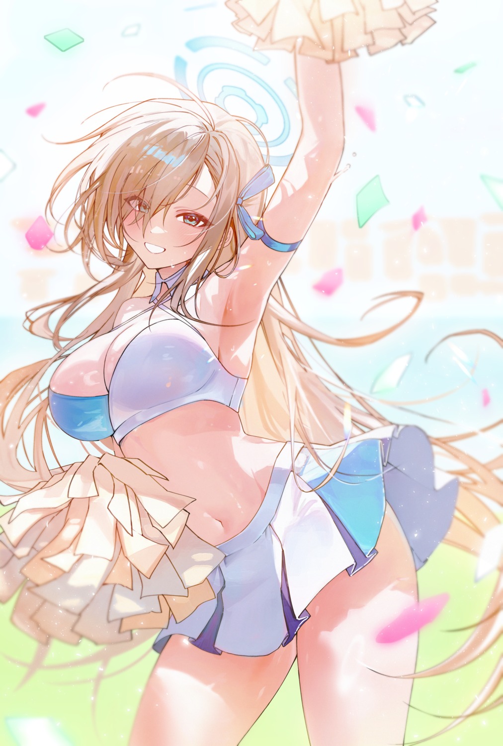 blue_archive cheerleader cosplay halo hokkul ichinose_asuna nekozuka_hibiki no_bra skirt_lift