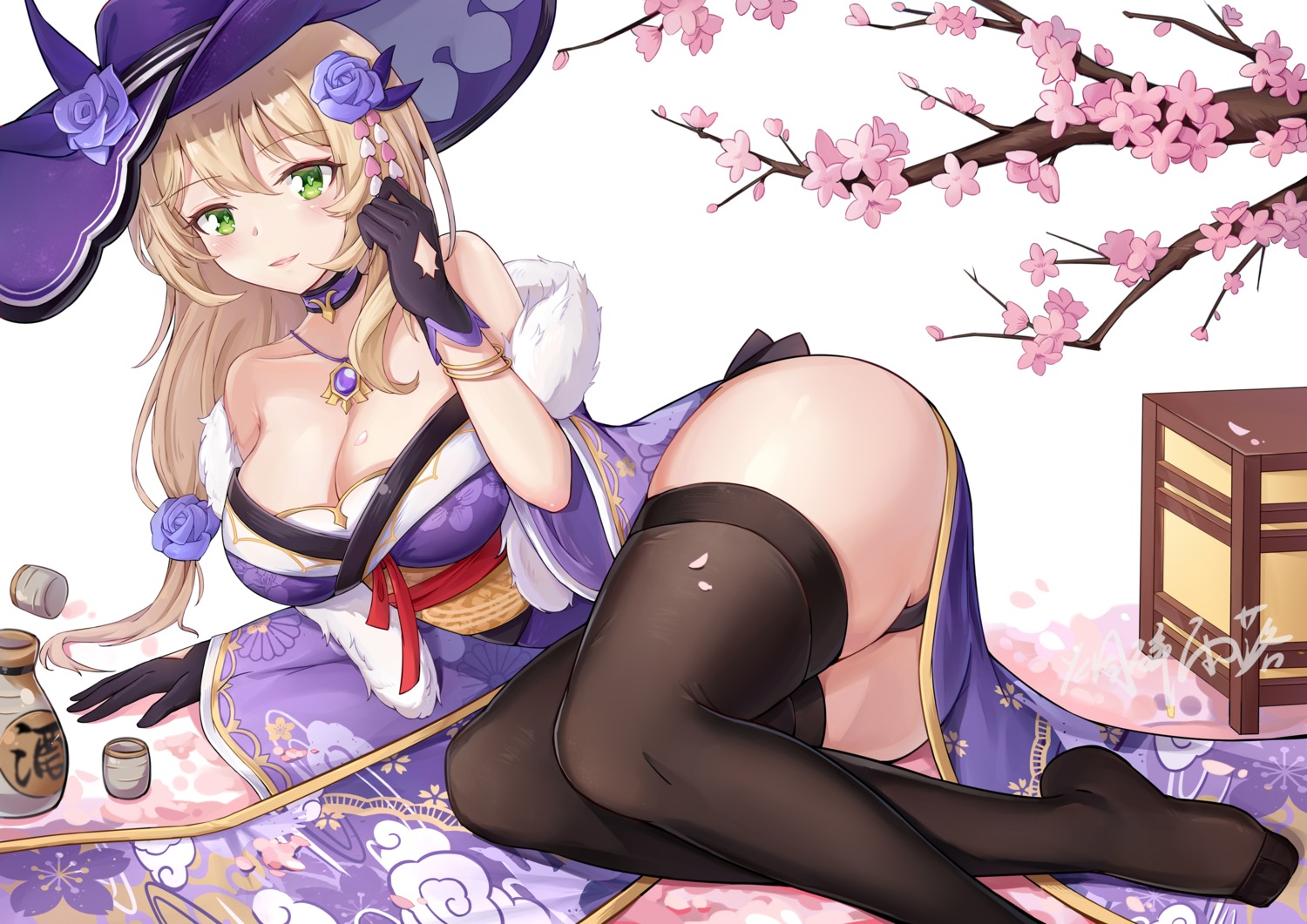 genshin_impact japanese_clothes lisa_(genshin_impact) no_bra pantsu skirt_lift thighhighs yansuiyuluo