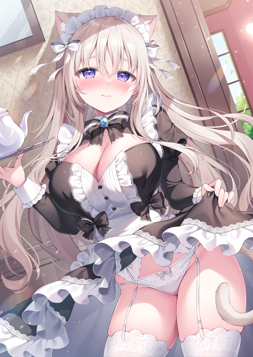 animal_ears garter_belt maid nekomimi no_bra pantsu siooooono skirt_lift stockings tail thighhighs waitress