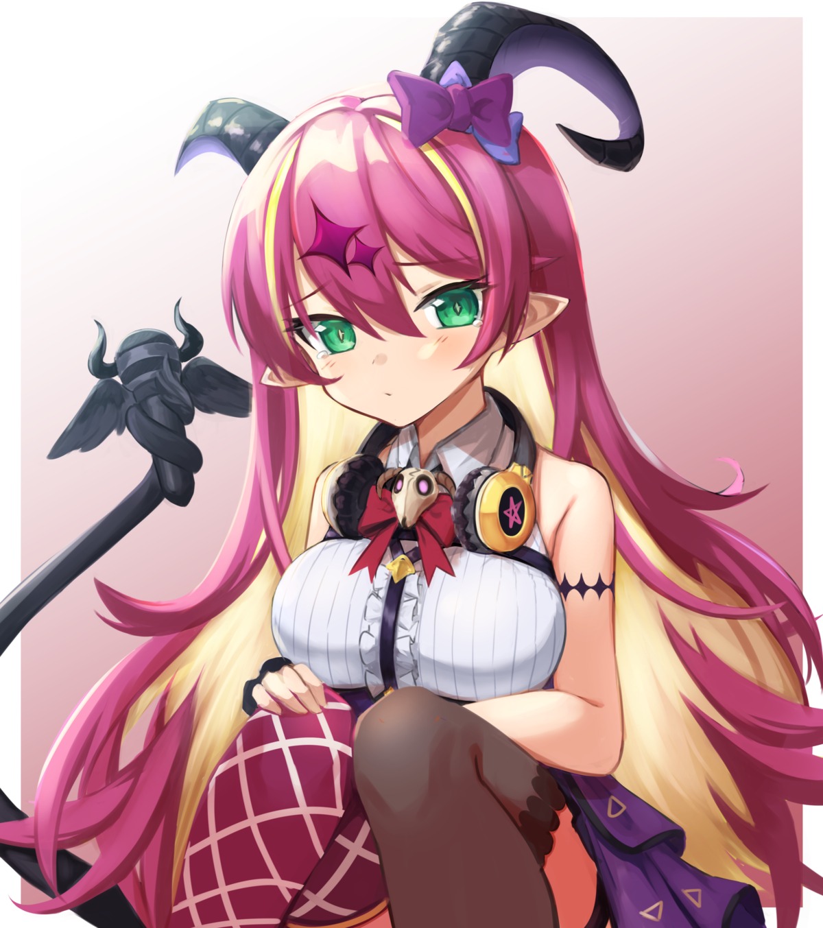 headphones hololive horns klaius mano_aloe pointy_ears skirt_lift tail thighhighs