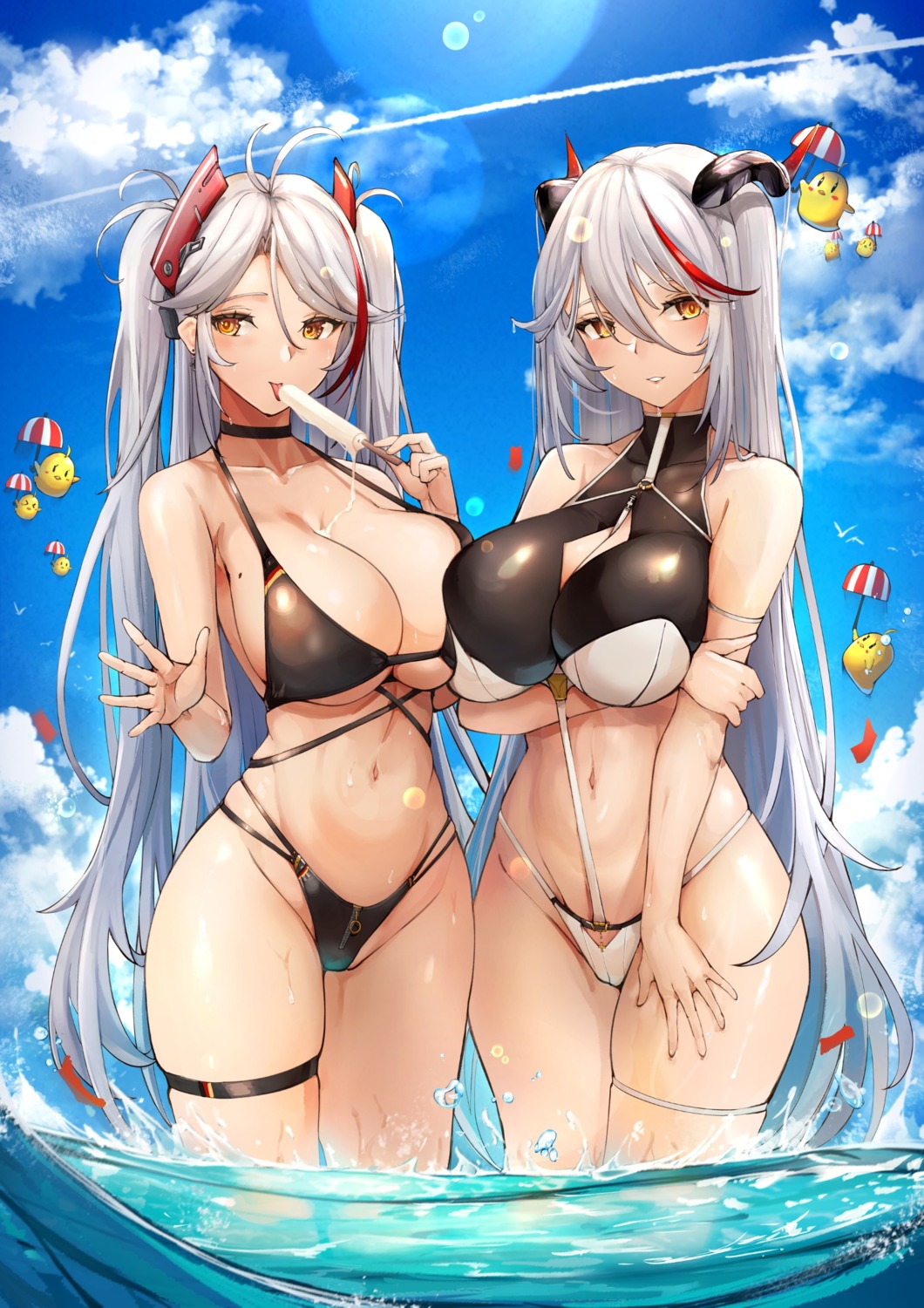 aegir_(azur_lane) azur_lane bikini cameltoe cleavage cream garter manjuu_(azur_lane) prinz_eugen_(azur_lane) swimsuits wet yusha_(m-gata)