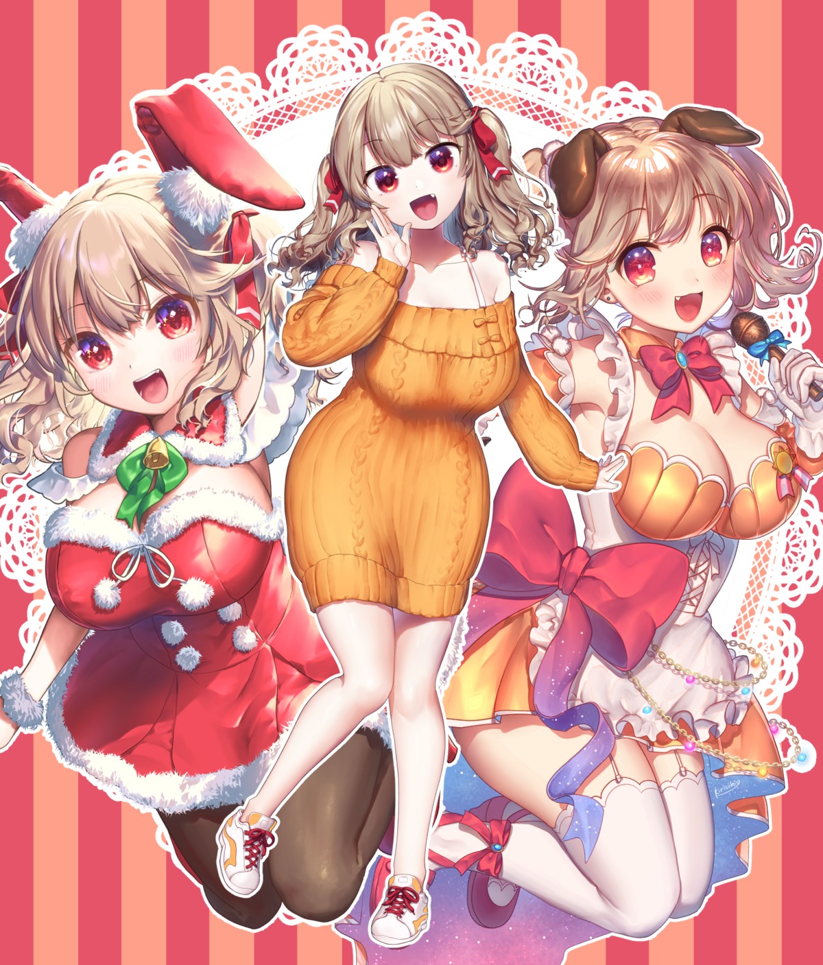 animal_ears bunny_ears christmas dress inumimi kirisaki_shuusei no_bra pantyhose stockings sweater thighhighs waitress