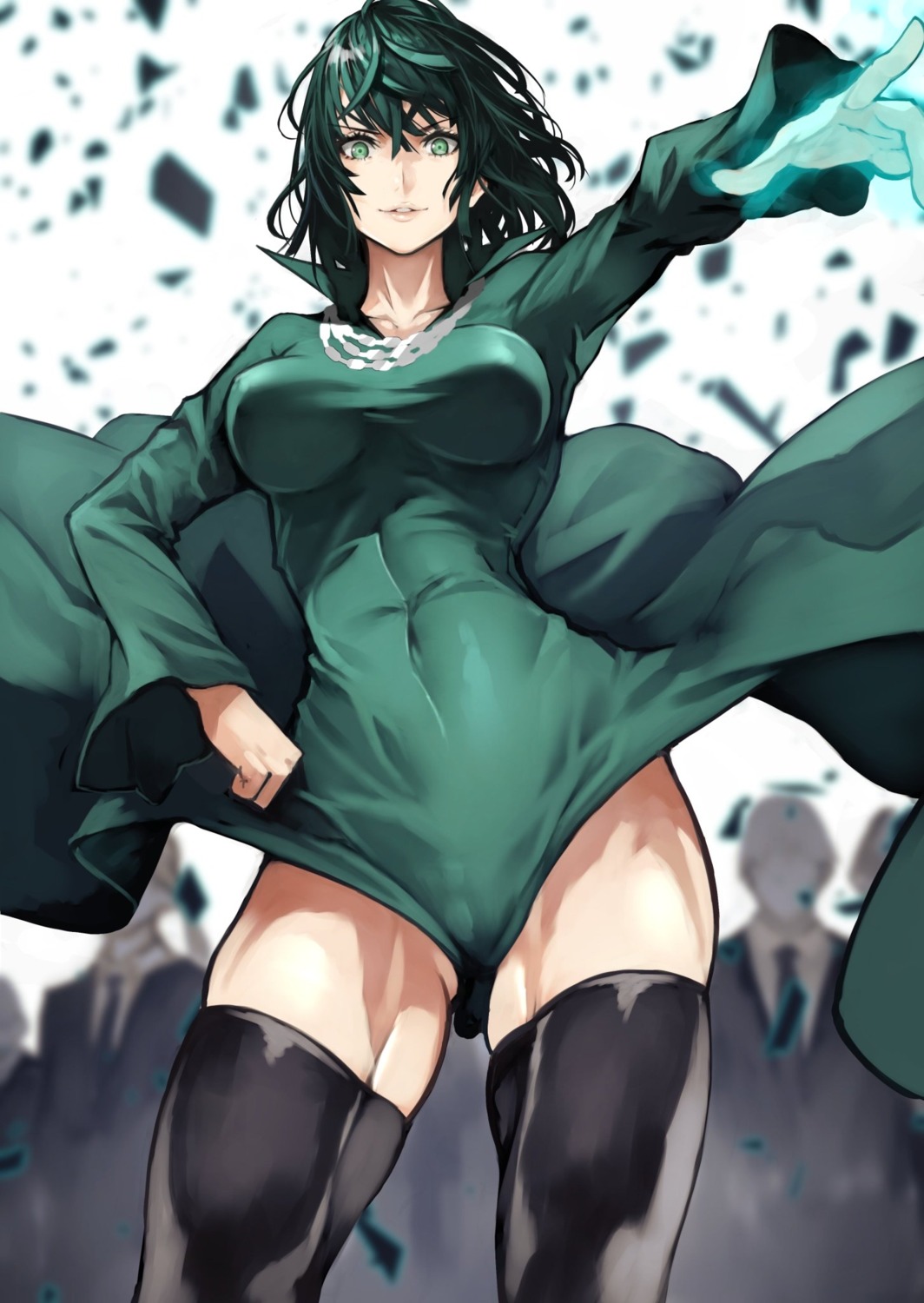 artist_revision breast_hold dress erect_nipples fubuki_(one_punch_man) one_punch_man skirt_lift thighhighs yoshio_(55level)