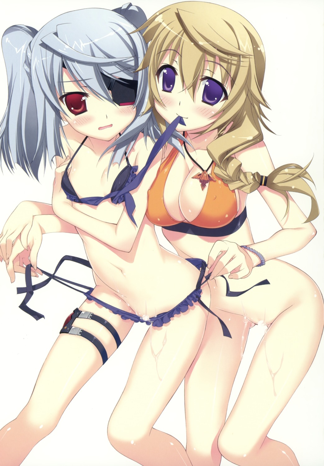 bikini censored charlotte_dunois cleavage erect_nipples essentia eyepatch fujima_takuya infinite_stratos laura_bodewig panty_pull pussy_juice swimsuits undressing wet