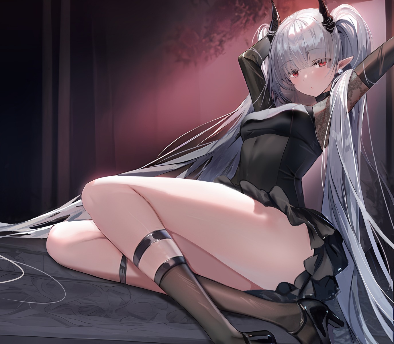 arknights chained_sarkaz_girl dress heels horns pointy_ears see_through shanguier skirt_lift