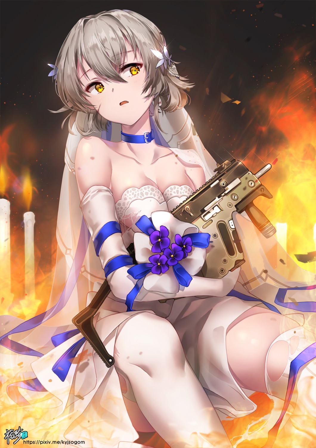 cleavage dress girls_frontline gun kyjsogom thighhighs torn_clothes wedding_dress