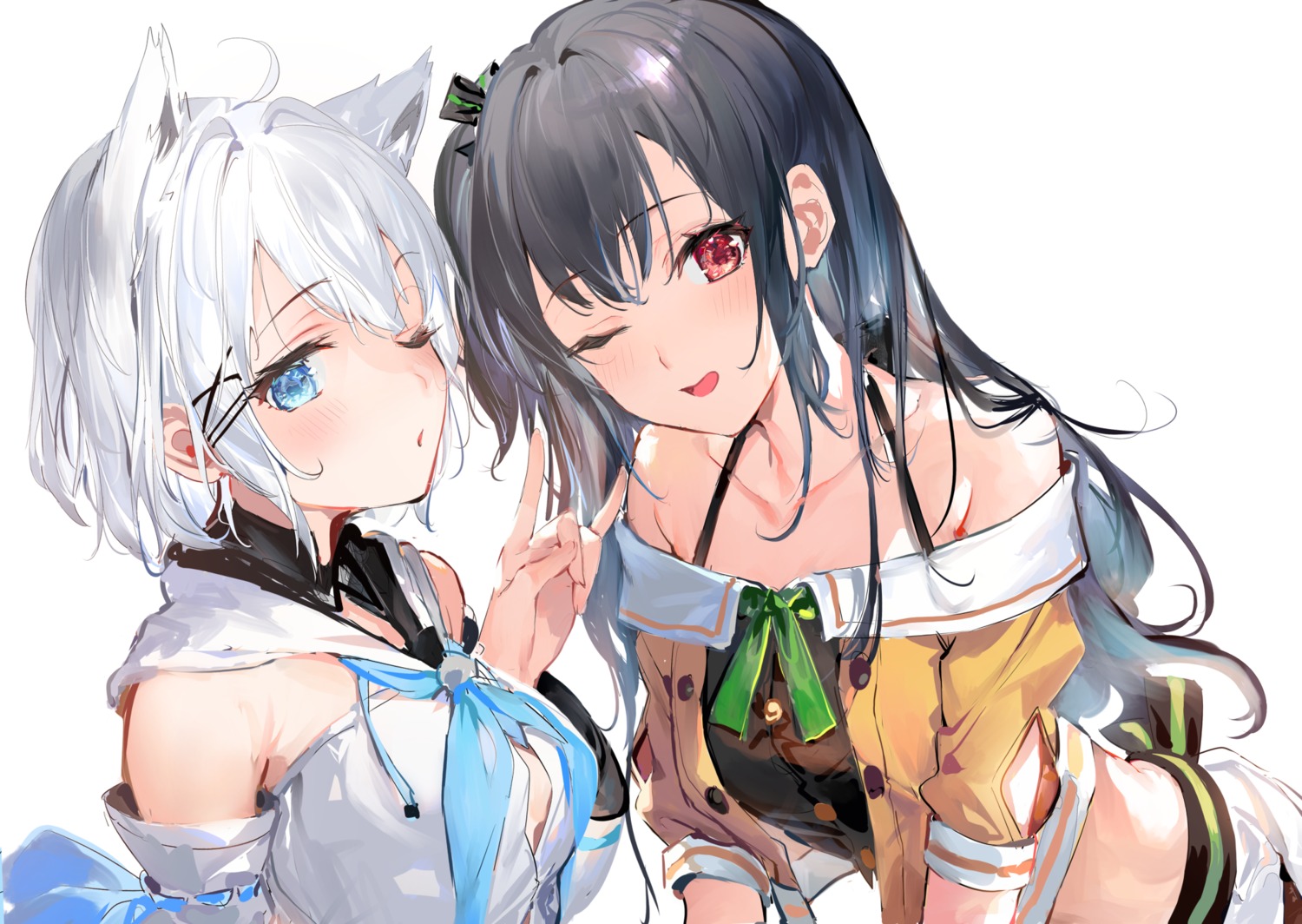 animal_ears hololive hololive_gamers kitsune natsuiro_matsuri no_bra open_shirt shirakami_fubuki umibouzu