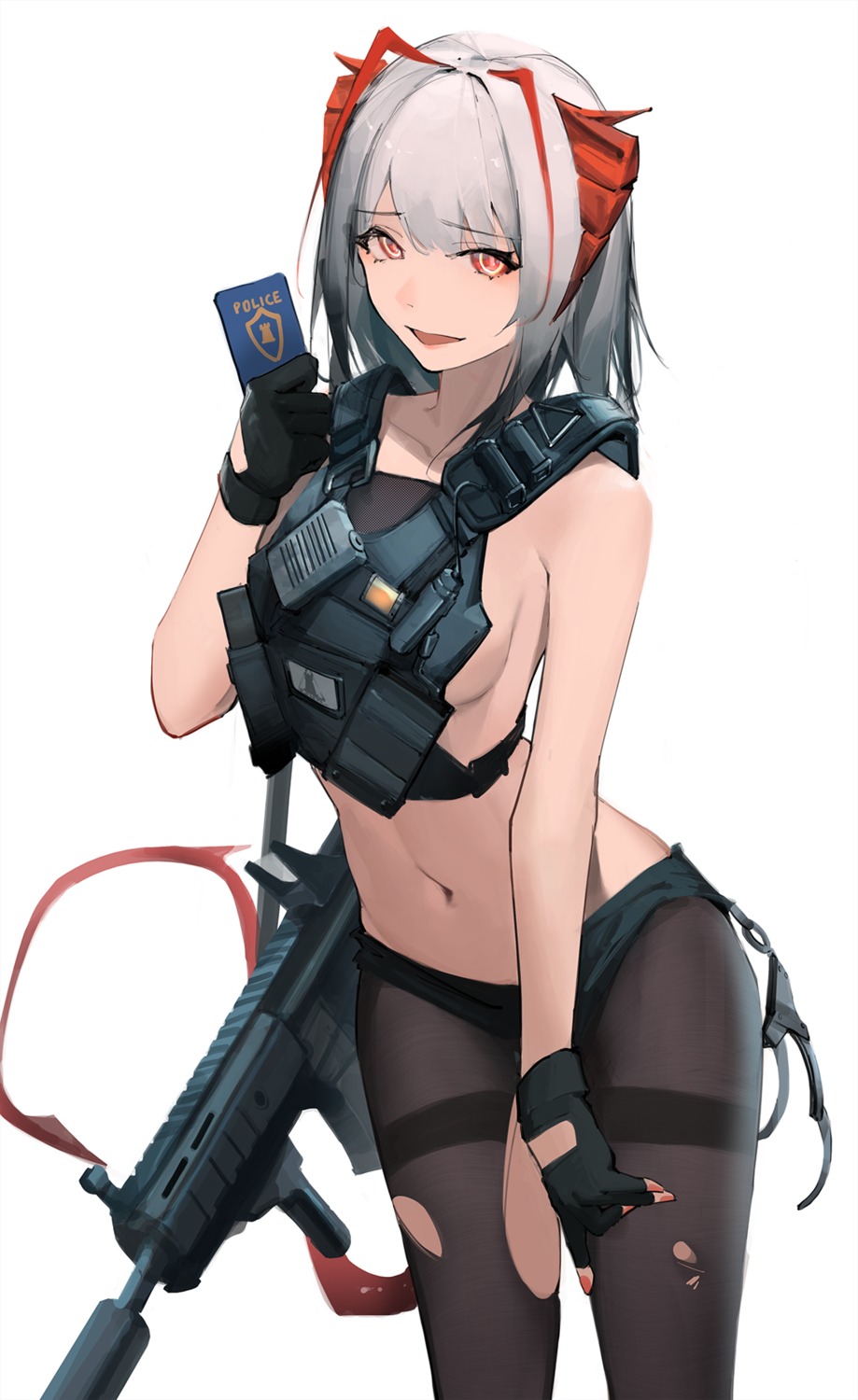 arknights eyyy gun horns no_bra pantyhose tail torn_clothes w_(arknights)