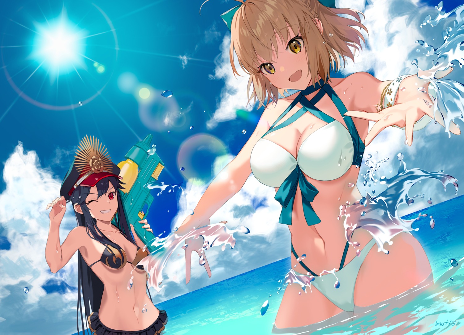 bikini cleavage fate/grand_order gun mocha_(mokaapolka) oda_nobunaga_(fate) okita_souji_(fate) swimsuits underboob wet